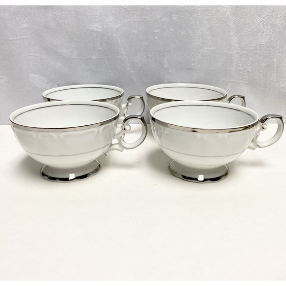 4 Vintage Fine China Harmony House Silver Sonata Tea Cups Mug 3639 Cups Only - Picture 3 of 9